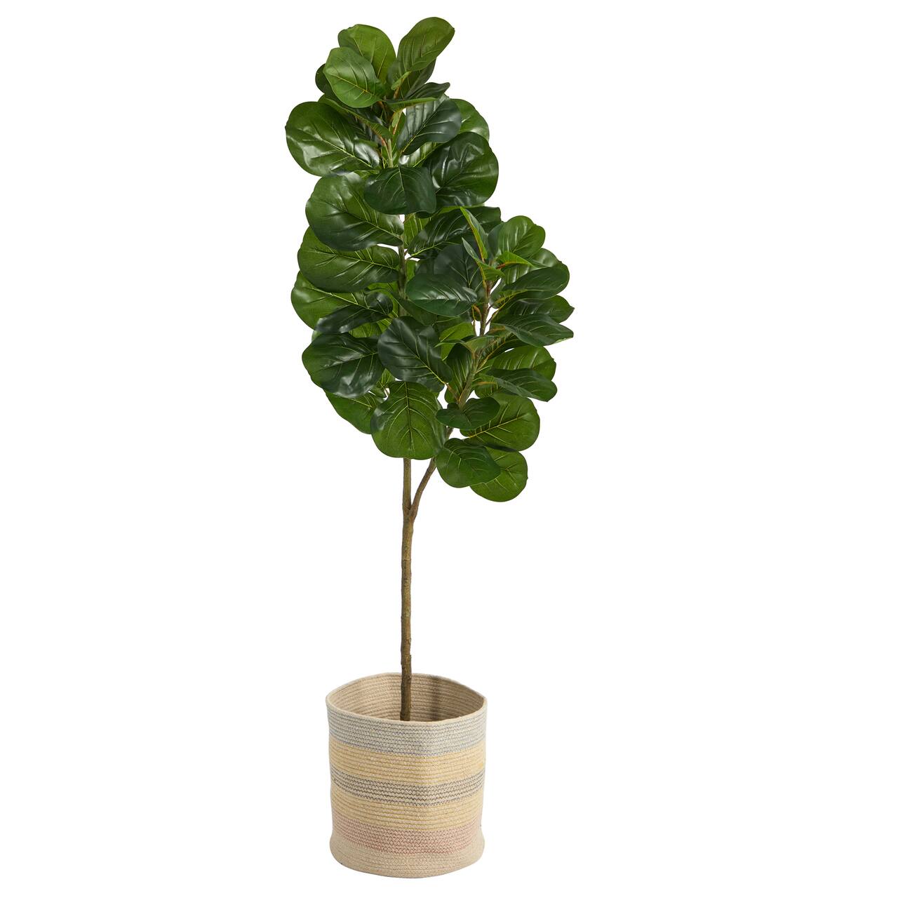 5.5ft. Fiddle Leaf Fig Artificial Tree in Handmade Natural Cotton Multicolored Woven Planter